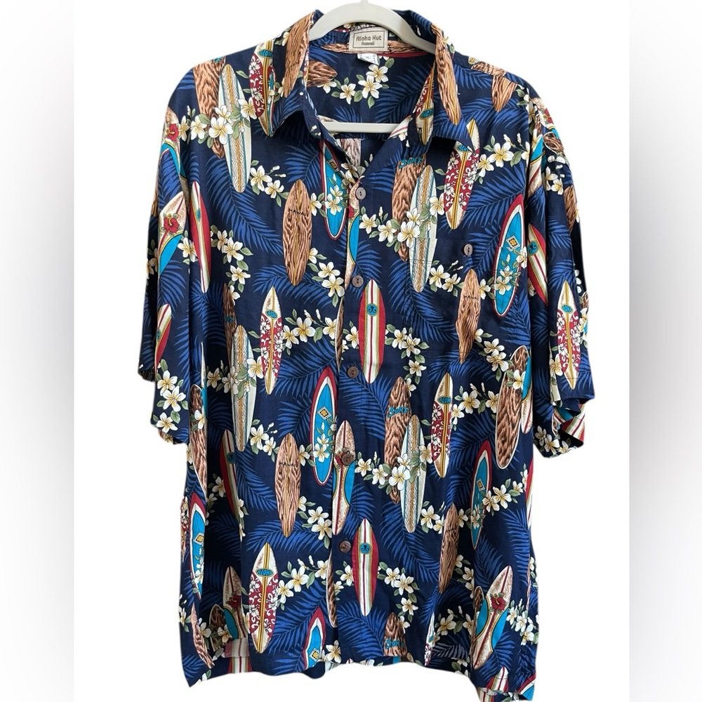 Aloha Hut Hawaii XL Hawaiian Shirt Surfboards Floral Blue Aloha Camp Button Up